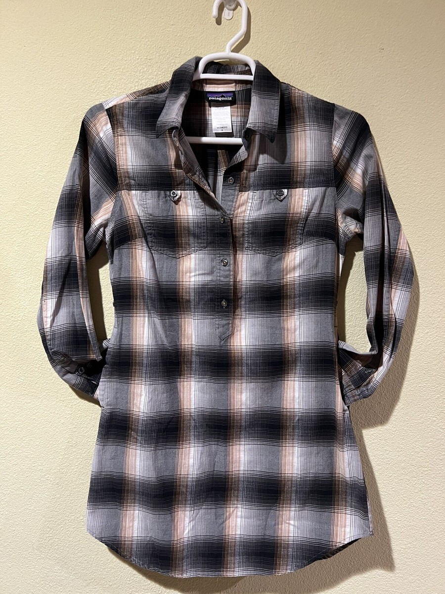 Patagonia Flannel Shirt Dress Grey Brown Plaid Long Sleeve Cotton Pockets  a6
