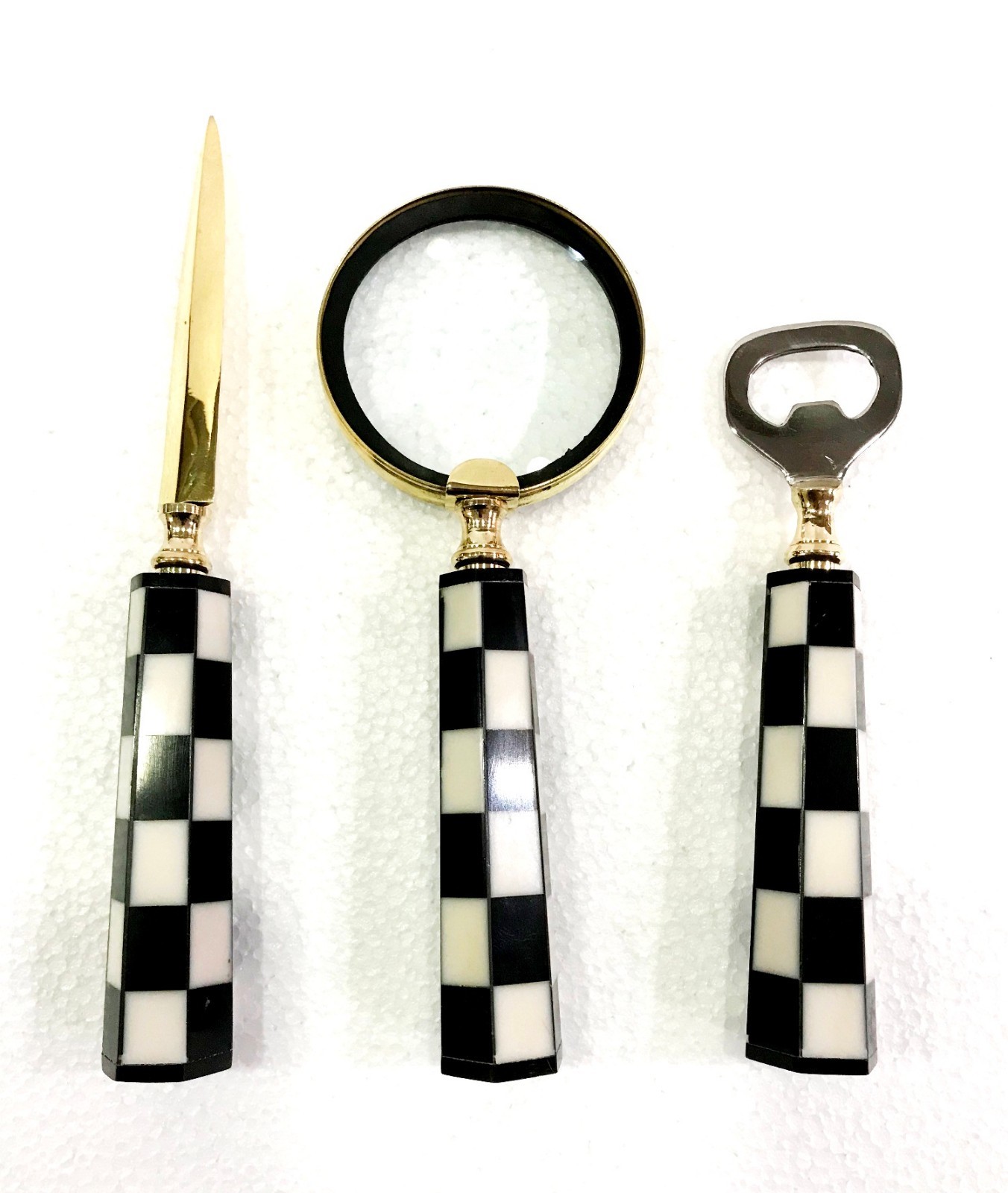 Vintage Brass Checker Magnifying Glass Bottle & Letter Opener on Stand