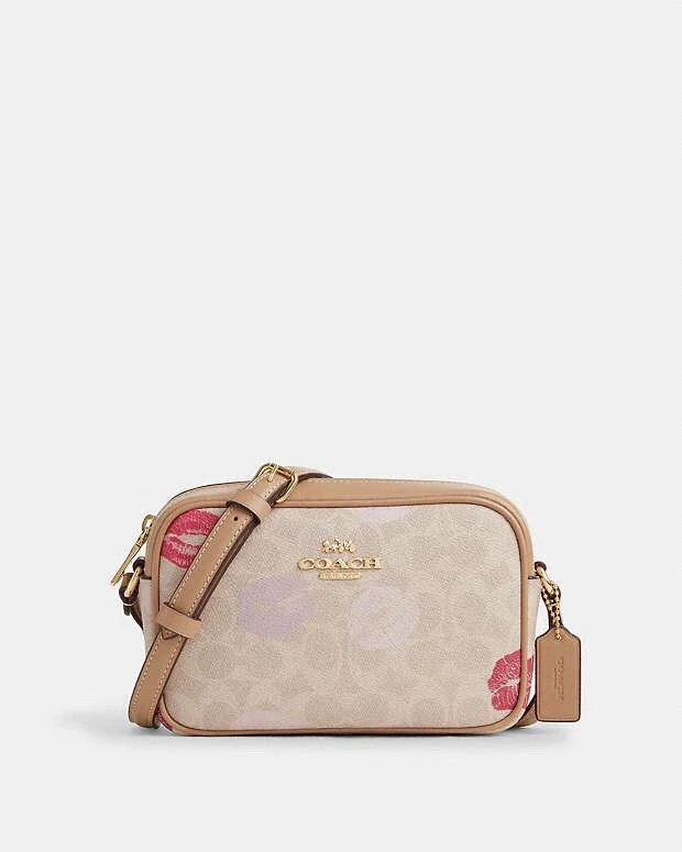 Borsa per fotocamera Coach CZ942 Mini Jamie in tela e pelle firmata con stampa labbra