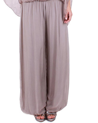 GIGI MODA ASPEN TAUPE BEIGE SILK PALAZZO PANTS BALLOON HEM JERSEY LINING O/S