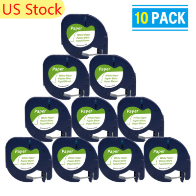 10 PK Paper Tape for DYMO Letra Tag LT100T LT100H LT 91330 Black on White Label