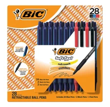28 ct BIC Soft Feel Blue Black Red Retractable Ballpoint Pen Medium Point 1.0mm