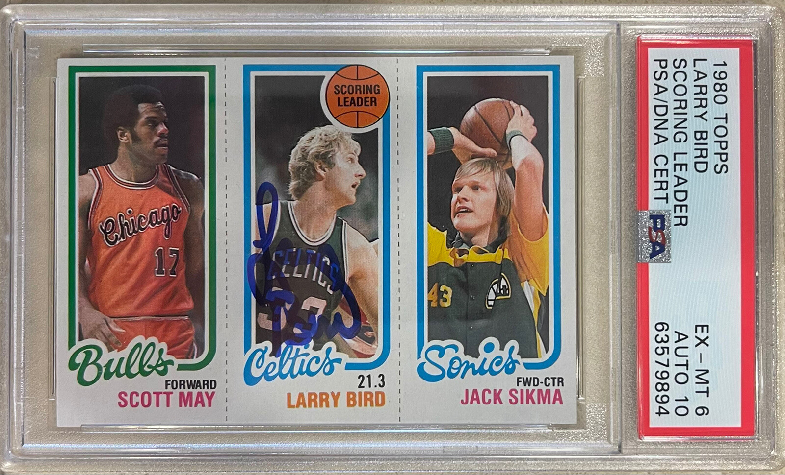 LARRY BIRD SIGNED 1980 TOPPS ROOKIE CARD #30📈May-Sikma-Bird🔥PSA/DNA 6 AUTO 10