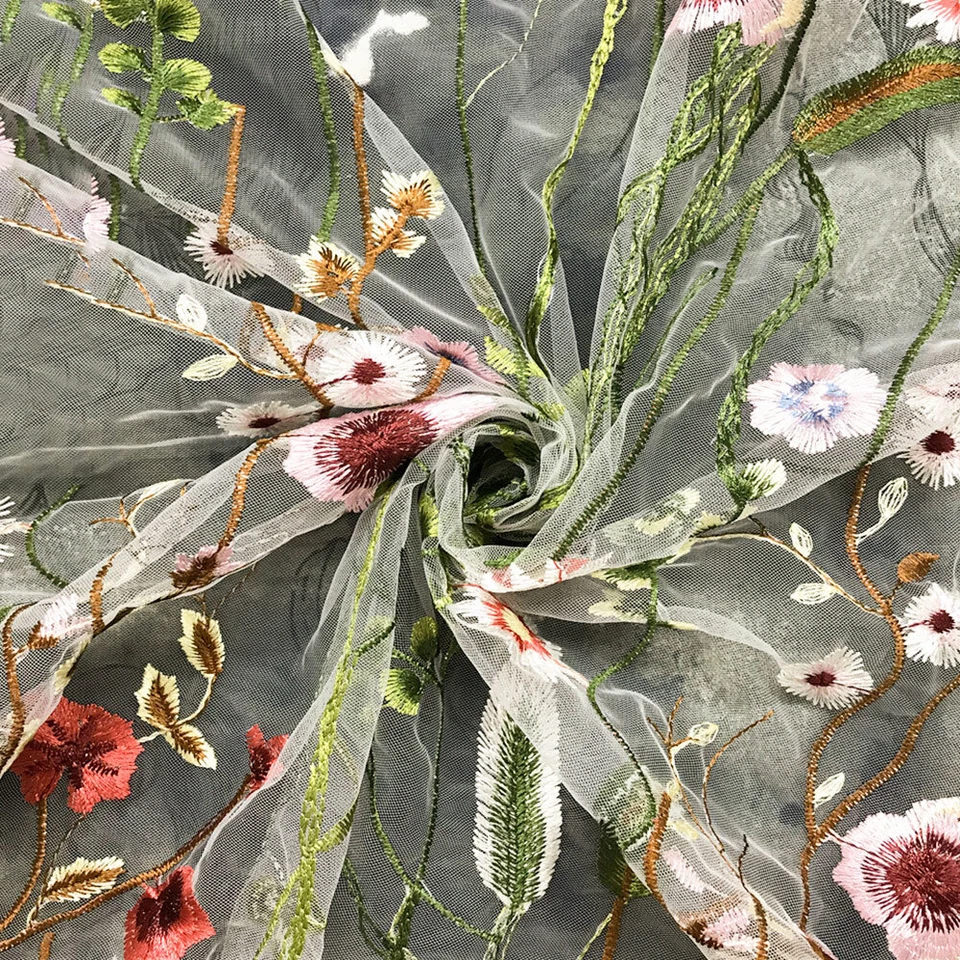 Green Flower Embroidery Lace Fabric DIY Wedding Dress Bridal Veil Tutu Skirt - Image 4 of 4