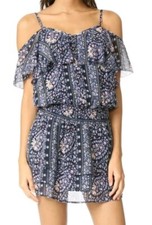 Paige Womens Olympia Dress Medium 100% Silk Blue Bouquet Floral Mini Elastic