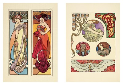 Alphonse Mucha アート作品 2点セット Alphonse Mucha Headdress Circle High Old Master Art Painting