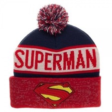Superman Reflective Cuff Beanie Hat - DC Comics Red White Blue Pom S Logo Shield