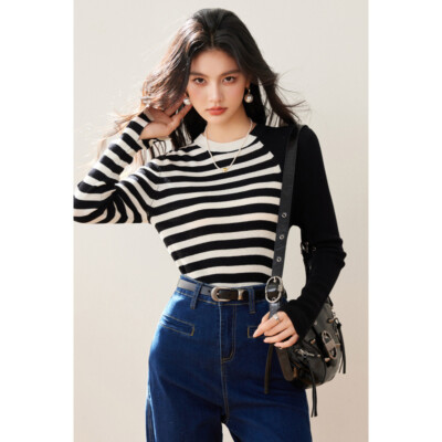 Women's Fashion Striped Round Neck Two Tone Knitted Pullover Sweater T Shirt NWO