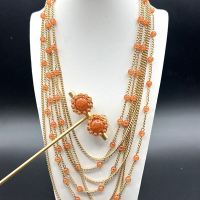 Vintage Hong Kong Orange Multi Strand Chain Station Necklace & Clip On Earrings