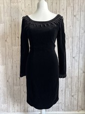 Vintage Laura Ashley Black Velvet Bodycon Midi Dress Cotton Size 12 Goth Witch