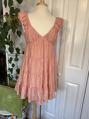 Blu Pepper Women s M Peach Tiered Mini Dress Ruffle Strap V Neck Flowy