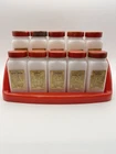 Vintage Griffith’s Laboratories set 10 Milk Glass Spice Jars w/ Red Lids & Rack