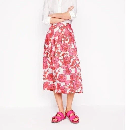 Boden Verity Pink White Floral 100% Linen Midi Skirt UK 10 BNWT