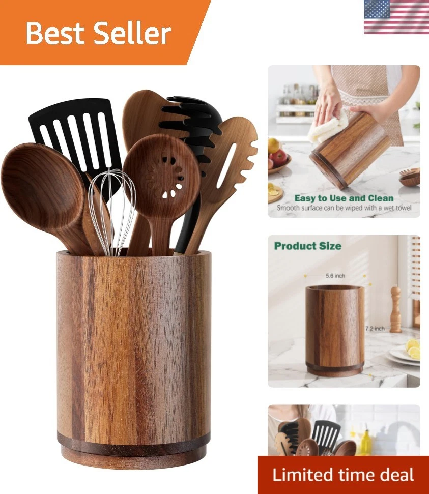 Utensil Holder, Acacia Wood Kitchen Utensil Holder for Countertop, 360°Rotati...