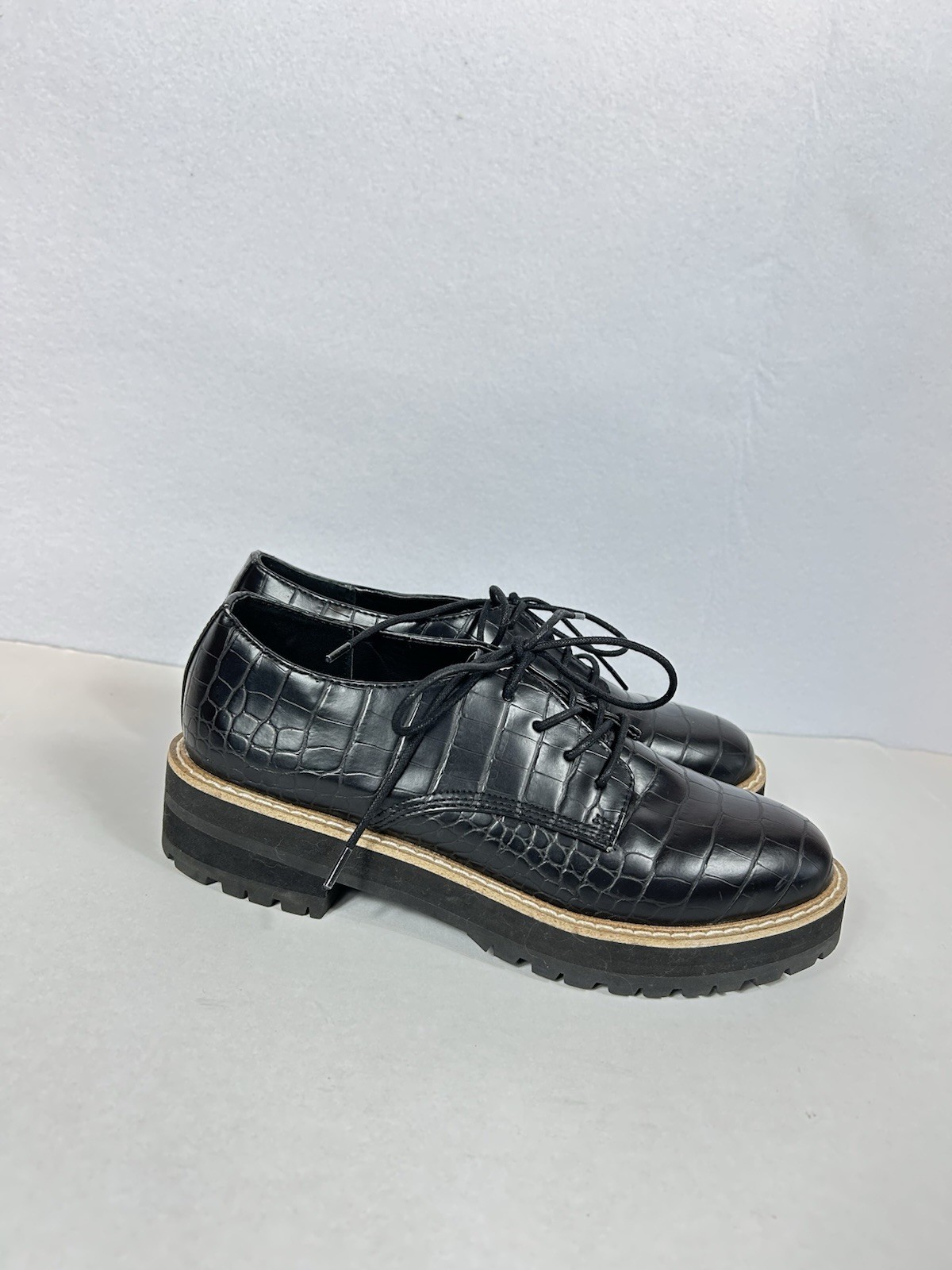 SAOLA Scarpa donna Steve Madden Terri Derby nera suola platform stampa coccodrillo taglia 8 5M