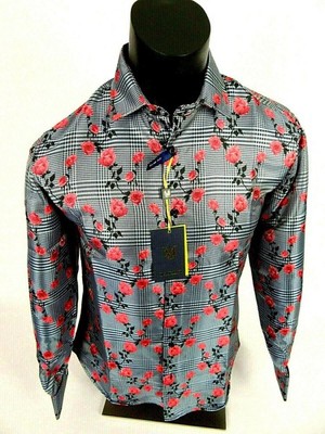 Mens Manzini Button Dress Shirt Blue Plaid with Roses Floral French Cuff Links
