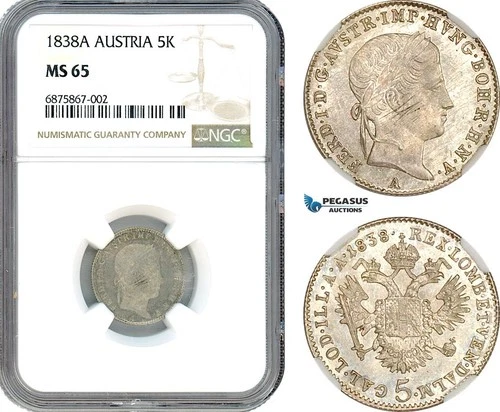 AJ254, Austria, Ferdinand I, 5 Kreuzer 1838 A, Vienna Mint, Silver, NGC MS65