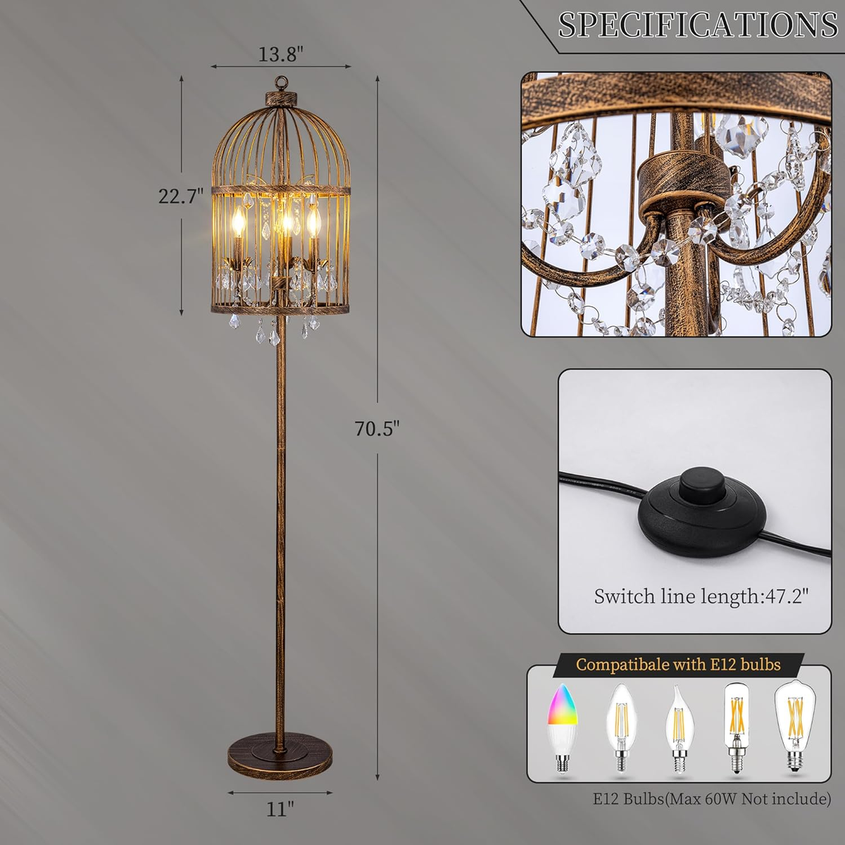 Vintage Bronze Floor Lamp - Unique Bird Cage Design for Living
