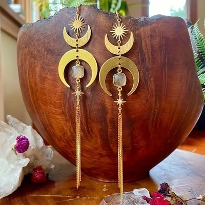 New Bohemian Sun Moon Tassel Alloy Earrings Women's Synthetic Zircon Eardrop
