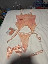 Lace Bustier Lingerie Set with Garter Belt and Bow size Small