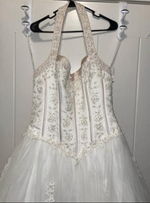 David's Bridal Ivory Ball Gown Wedding Dress Halter Neck Beading Size 18