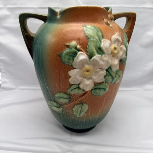 Antique Roseville White Rose Vase 991-12 Art Pottery Double Handle 12”