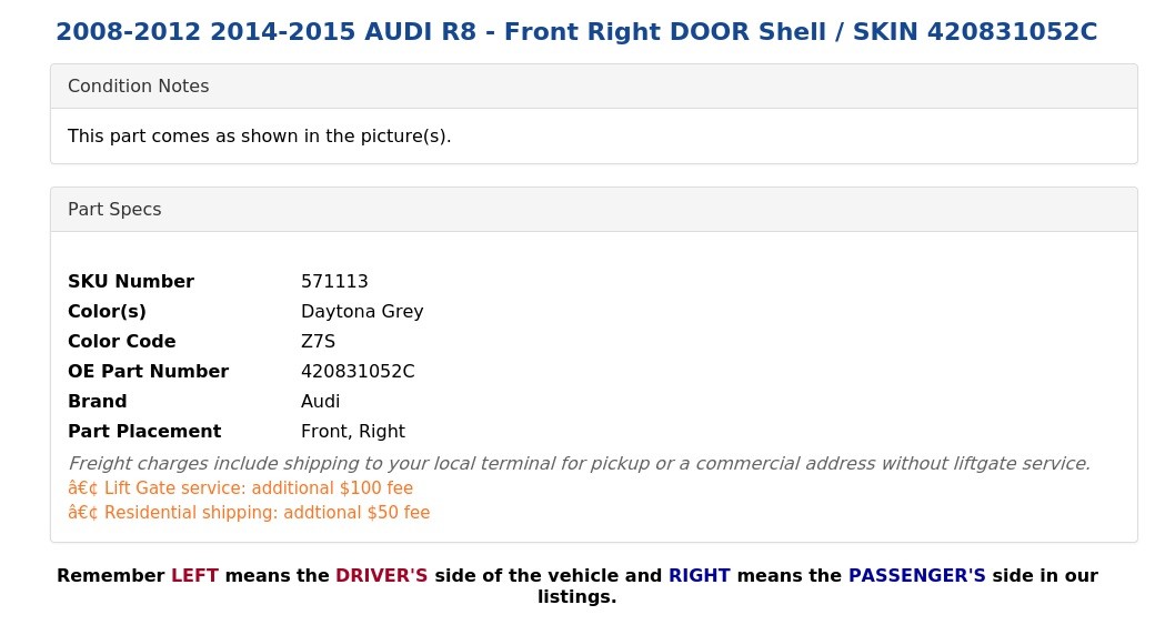 Audi R8 2008-2012 FRONT+RIGHT Door skin P/N 420831052C