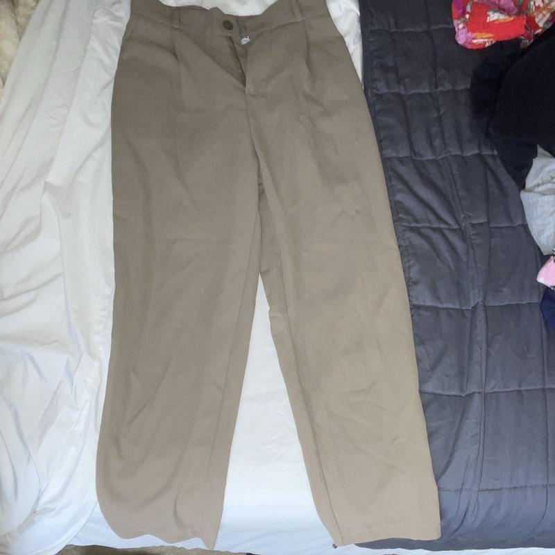 Women’s Beige Solid Pleated Tapered Dress Pants w/ Pockets, Twill Size S