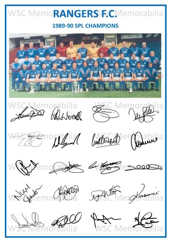 12883. 1989-90 Glasgow Rangers Signed Team Photo Sheet PRINTED AUTOS A4 Champs
