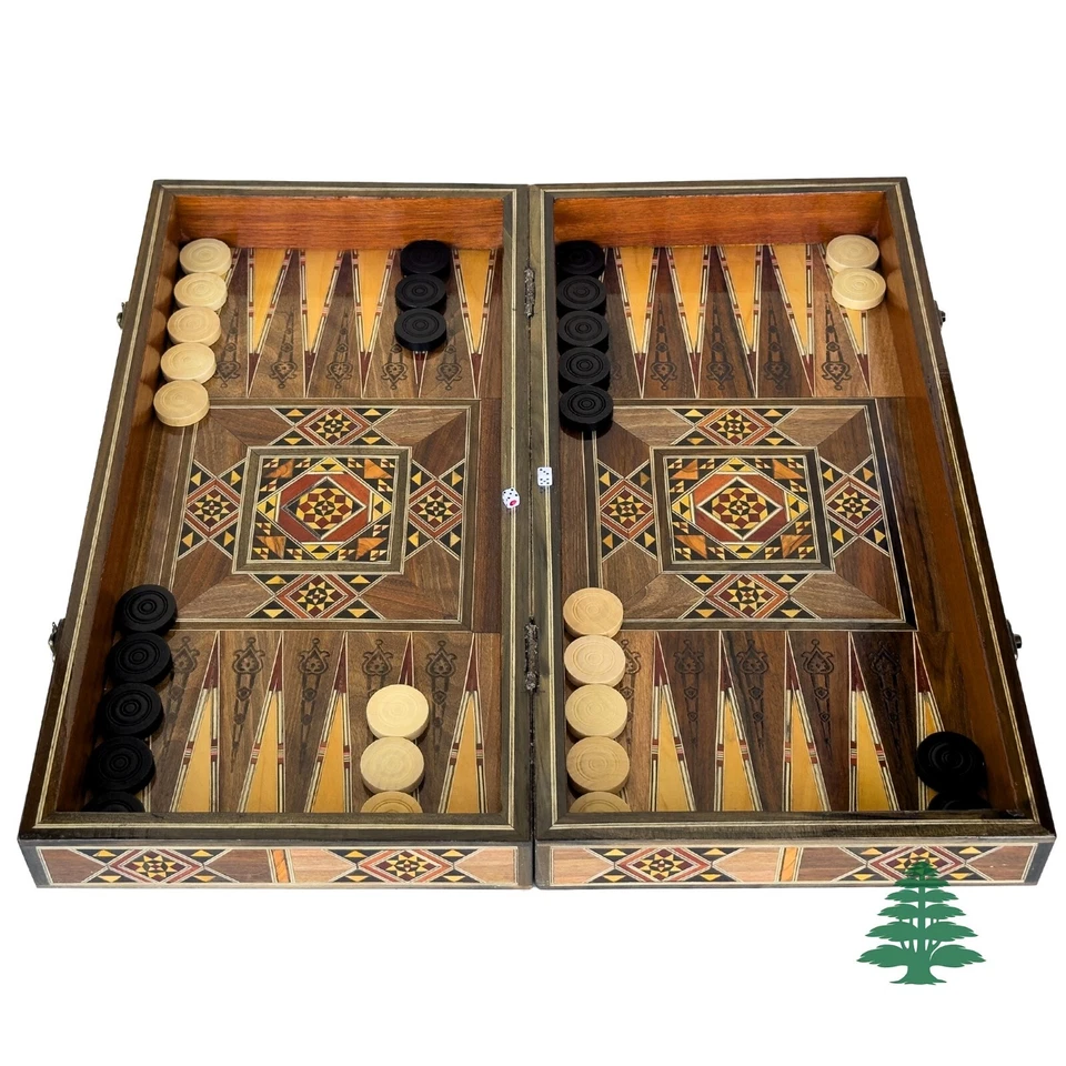 Backgammon Board and Chess Set From Lebanon Engraved with Mother of Pearl Inlays - Image 3 of 4
