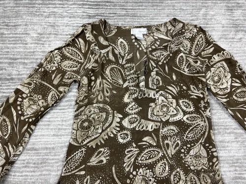 Spiegel Top Womens 6 Brown Floral V-Neck Longsleeve 100% Silk Casual - Picture 2 of 12