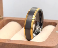 6mm Gold & Black Tungsten Band Brushed Stepped Edge Ring For Valentine Gifts 
