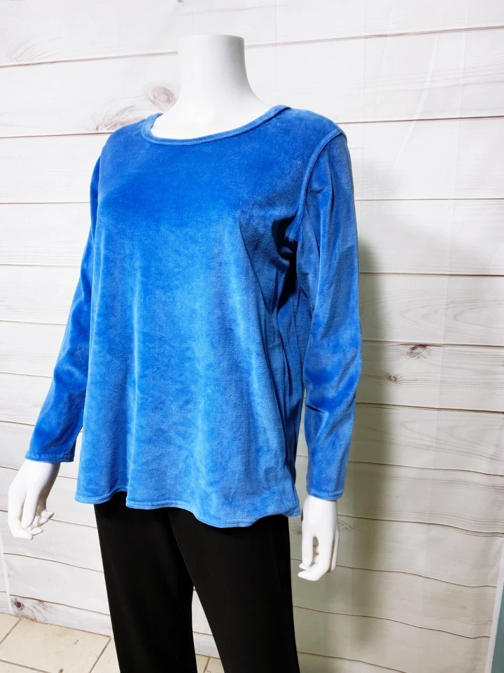 Coldwater Creek 女式丝绒运动衫 M 码蓝色圆领长袖 — 第 3/4 张图片