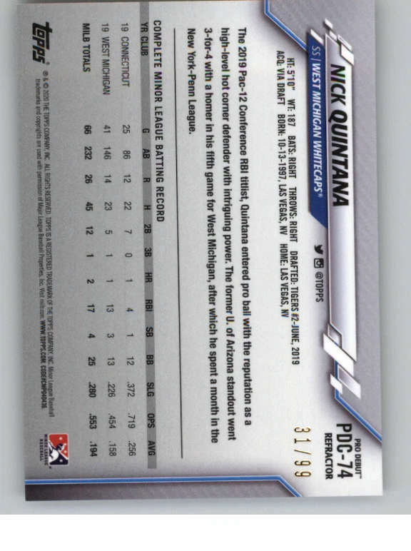 2020 Topps Pro Debut Chrome Refractors #PDC74 Nick Quintana 99 (ref 137039) - Image 2 of 2