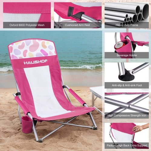 HAUSHOF High Back Folding Beach Chair Mesh Back Chair Low Seat Camping Chair NEW - Picture 6 of 9