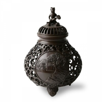 Incense burner Japanese Bronze Koro Takaoka Craft Ball Karakusa Sukashi Japan