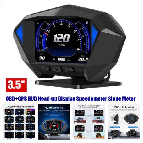 3.5" HD OBD+GPS HUD Head-up Display Speedometer Slope Meter Over Speed Alarm RPM