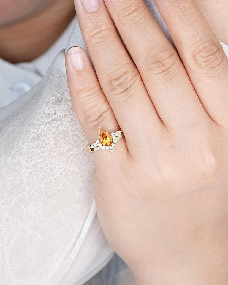 Juego de anillos de boda de citrino natural corte cometa victoriano plata 925 chapado en oro de 14K Foto 3 de 4