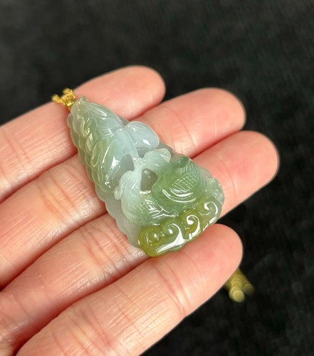 Yellow Plus Green Mandarin Ducks 鸳鸯 Jadeite Jade Pendant 18K Gold Buckle - Picture 5 of 10