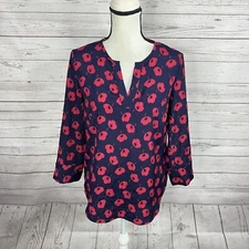 41 Hawthorn Womens Ivy Split Neck Blouse Size Small Blue Pink Floral Roll Tab