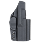 Black textured leather Kydex CCW holster with rounded edge and two snap buttons on front.