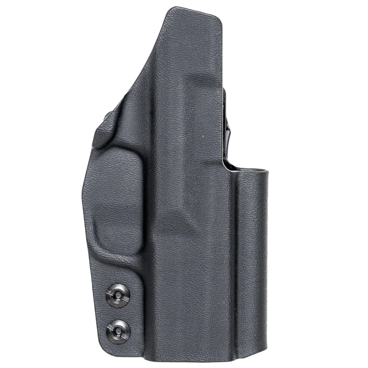 Black textured leather Kydex CCW holster with rounded edge and two snap buttons on front.