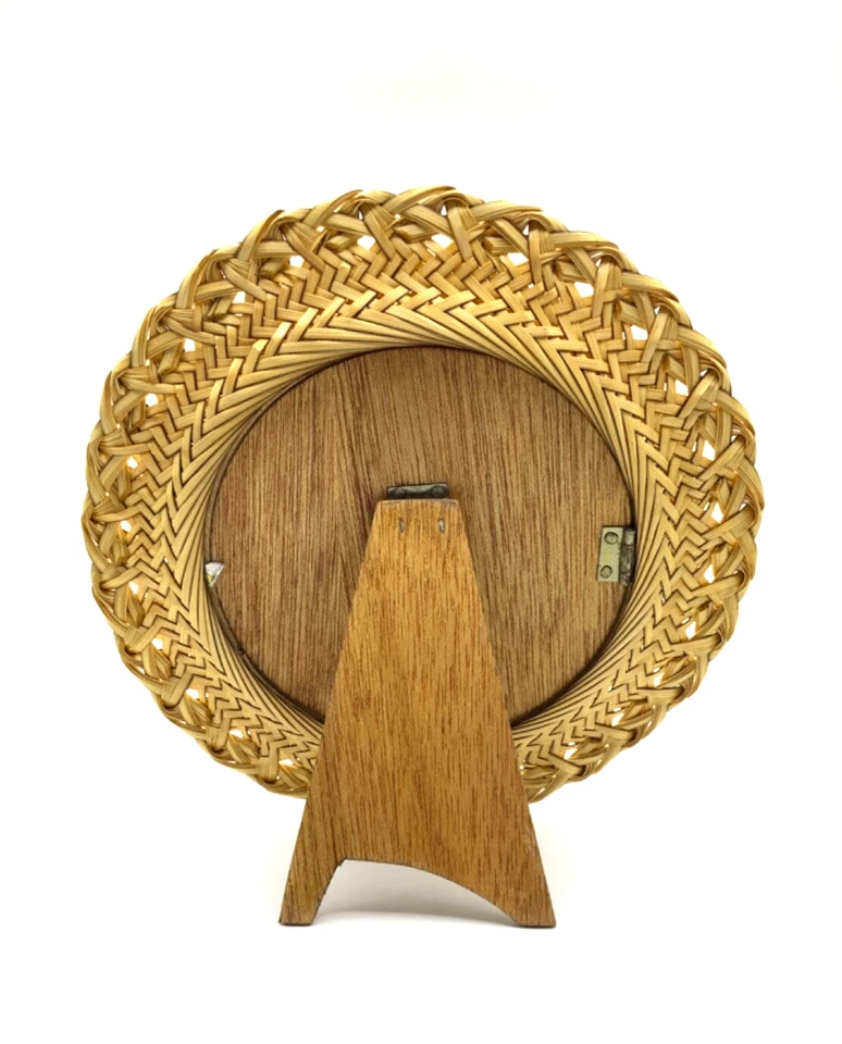 "Soporte redondo de marco de fotos de mimbre de ratán tejido marrón crema vintage 5"" diámetro interior ⭕" Foto 4 de 4