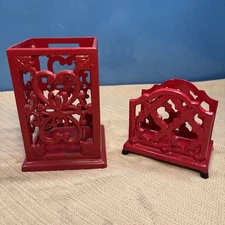 Red Enamel Cast Iron Square Kitchen Utensil Holder And Napkin Holder