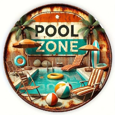 Blechschild rund Pool Zone Schwimmingpool Vintage Nostalgie Metallschild TEL2444