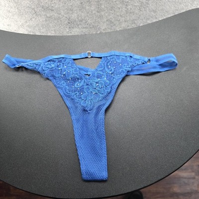 Knotty Knickers Panties Womens L Blue Thong Mesh Sheer Stretch Rhinestone
