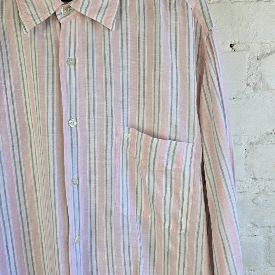 Camisa masculina Pal Zileri manga longa botão linho 44 17,5” grande listra branca rosa - Imagem 3 de 4