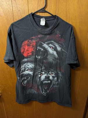 Vintage 90s Wolf Pack Red Blood Moon Graphic Black Shirt Delta Men s Size L