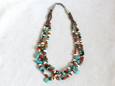 3-Strand Choker Bo Ho Necklace Multi Color Stones and Heishi Beads 15''
