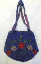 Antique Victorian Blue Red Floral Bohemian Beaded Purse Handbag Double Handle